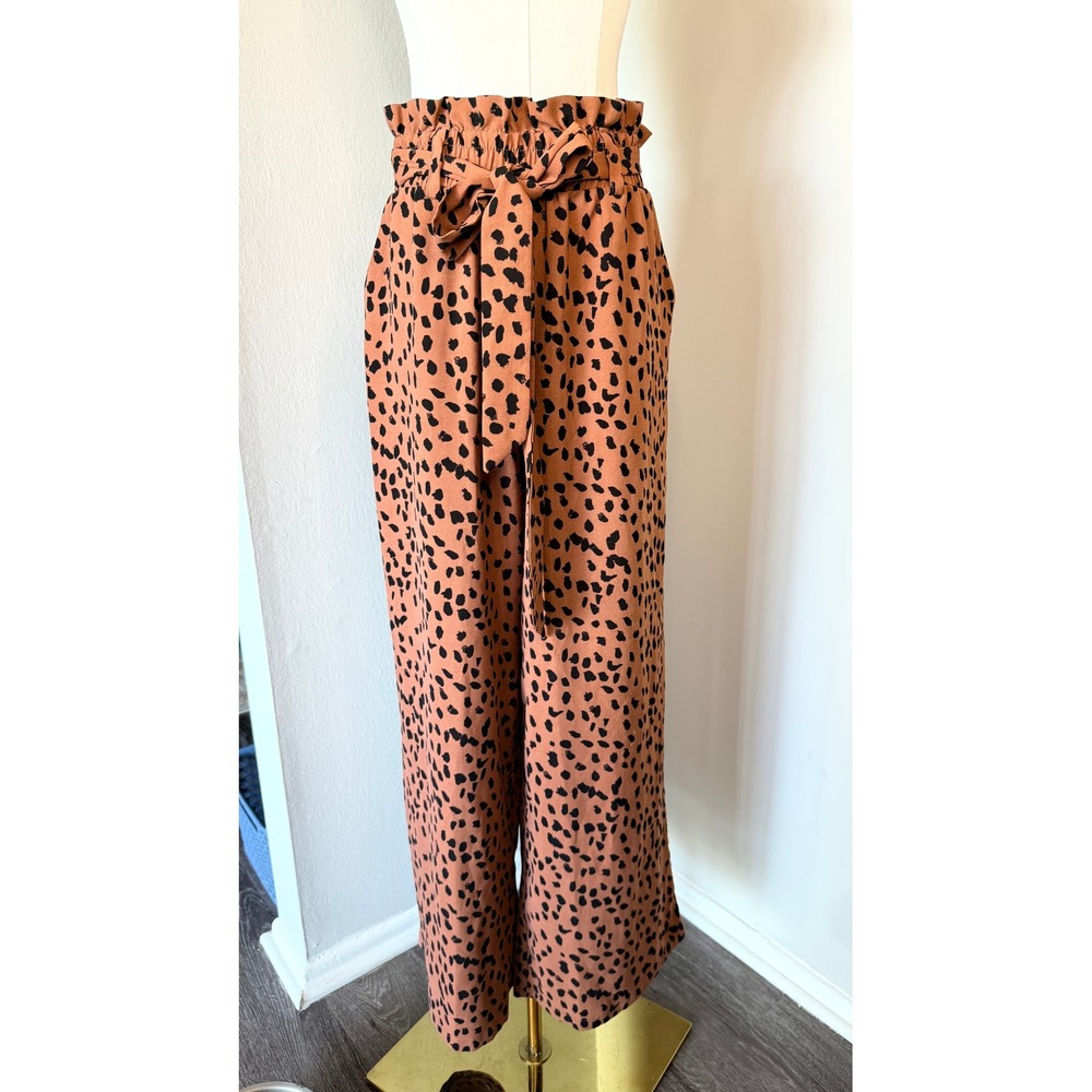 Leopard Print Paperbag Waist Wide Leg Brown BlackCropped Pants Belted
